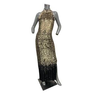 Oleg Cassini Black-Tie 1980s Gold Black Sequin Gown Cocktail Maxi Dress Size 10